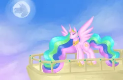 Size: 2563x1672 | Tagged: safe, artist:blazedthylacine, derpibooru import, princess celestia, alicorn, pony, crown, female, jewelry, mare, mare in the moon, moon, pinklestia, regalia, royalty, solo, spread wings, wings