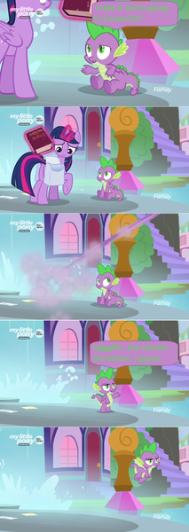 Size: 1360x3838 | Tagged: alicorn, bag, book, claws, comic, derpibooru import, dialogue, dragon, edit, edited screencap, flying, levitation, magic, saddle bag, safe, screencap, screencap comic, spike, takeoff, telekinesis, the point of no return, twilight sparkle, twilight sparkle (alicorn), waterfall, winged spike