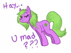 Size: 1179x882 | Tagged: safe, artist:blazedthylacine, derpibooru import, oc, earth pony, pony, meme, simple background, solo, text, trollface, u mad, white background