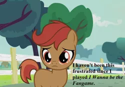 Size: 640x448 | Tagged: safe, derpibooru import, edit, edited screencap, screencap, button mash, earth pony, pony, crusaders of the lost mark, colt, cropped, dialogue, fence, i wanna be the fangame, liquid button, male, missing accessory, tree