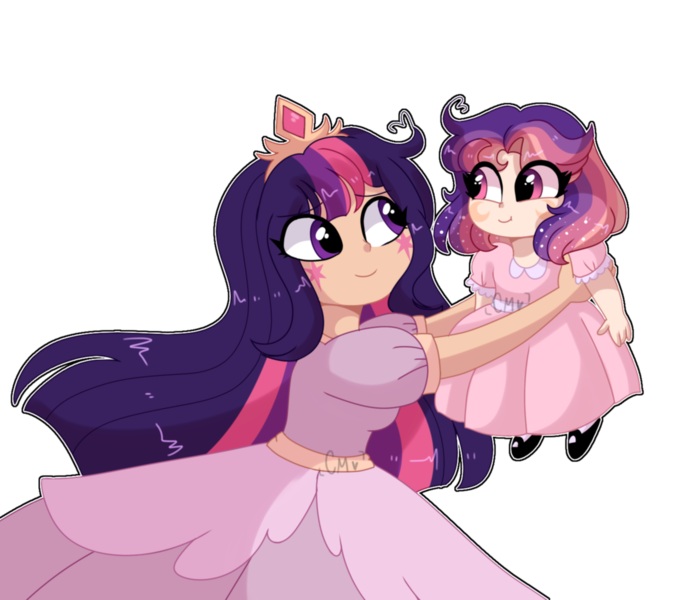 Size: 1280x1132 | Tagged: safe, artist:moon-rose-rosie, derpibooru import, twilight sparkle, oc, oc:celestial moon, human, baby, clothes, dress, female, humanized, magical lesbian spawn, mother and child, mother and daughter, offspring, parent:rainbow dash, parents:twidash, parent:twilight sparkle, simple background, transparent background