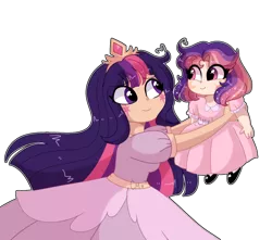 Size: 1280x1132 | Tagged: safe, artist:moon-rose-rosie, derpibooru import, twilight sparkle, oc, oc:celestial moon, human, baby, clothes, dress, female, humanized, magical lesbian spawn, mother and child, mother and daughter, offspring, parent:rainbow dash, parents:twidash, parent:twilight sparkle, simple background, transparent background