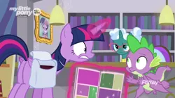 Size: 1366x768 | Tagged: alicorn, bag, bellflower blurb, book, bookshelf, butt, derpibooru import, desk, discovery family logo, dragon, levitation, librarian, library, magic, plot, saddle bag, safe, screencap, spike, telekinesis, the point of no return, twilight sparkle, twilight sparkle (alicorn), winged spike