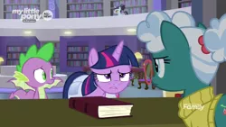 Size: 1366x768 | Tagged: alicorn, bag, bellflower blurb, book, bookshelf, booksmart, derpibooru import, dragon, glasses, librarian, library, saddle bag, safe, screencap, spike, the point of no return, twilight sparkle, twilight sparkle (alicorn), winged spike