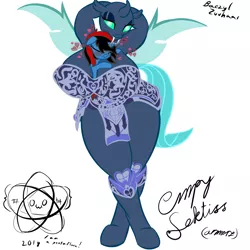 Size: 1080x1080 | Tagged: suggestive, artist:baezyl zuuhaas, derpibooru import, oc, oc:lotus moon, oc:sektiss, anthro, changeling, pony, unguligrade anthro, unicorn, anthro oc, anthro with ponies, armor, armpits, between breasts, big breasts, bipedal, blue changeling, breasts, changeling oc, chubby, curvy, duo, duo female, female, females only, huge breasts, milf, plump, red and black oc, unconvincing armor, wings