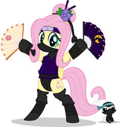 Size: 2364x2500 | Tagged: safe, artist:balloons504, artist:deyrasd, artist:ninjashadow-x, derpibooru import, angel bunny, fluttershy, pegasus, pony, bipedal, clothes, hand fan, hoof hold, kunoichi, leotard, mask, ninja, simple background, transparent background