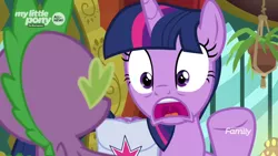 Size: 1366x768 | Tagged: alicorn, bag, derpibooru import, discovery family logo, dragon, frown, panic, saddle bag, safe, screencap, spike, the point of no return, the tasty treat, twilight sparkle, twilight sparkle (alicorn), winged spike