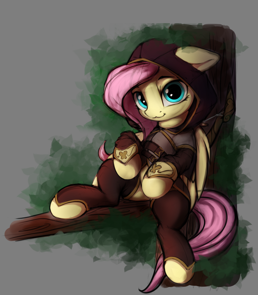 Size: 1069x1224 | Tagged: safe, artist:hitbass, derpibooru import, part of a set, fluttershy, pegasus, pony, badass, badass adorable, bow (weapon), cat smile, clothes, cute, fantasy class, female, flutterbadass, hood, hooded cape, leaning, leaning back, looking at you, mare, part of a series, shyabetes, sitting, solo, three quarter view, tree, tree branch, weapon, wings, zettai ryouiki