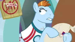Size: 1366x768 | Tagged: safe, derpibooru import, screencap, power jerk, pony, the point of no return, angry, discovery family logo, mailbag, male, sign, solo, stallion
