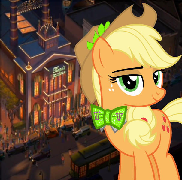 Size: 2640x2616 | Tagged: safe, artist:disneymarvel96, derpibooru import, applejack, pony, bowtie, cowboy hat, disney, disney princess, hat, new orleans, princess and the frog, restaurant, tiana