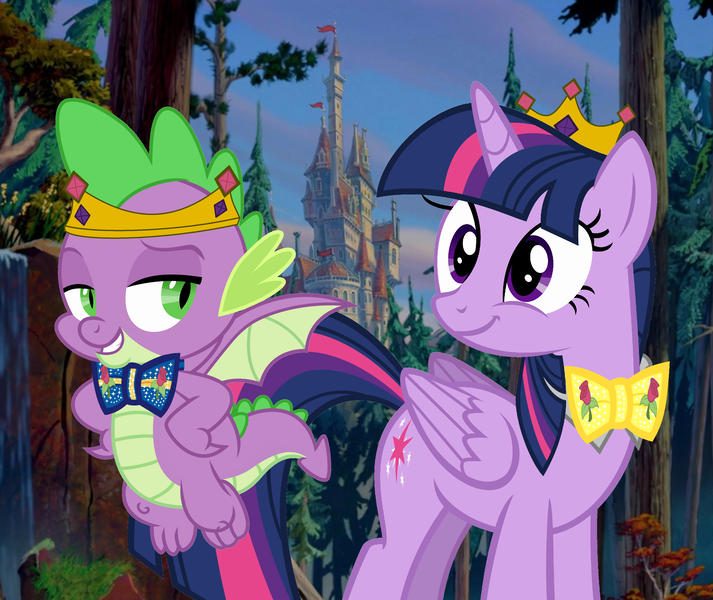 Size: 4328x3640 | Tagged: alicorn, artist:disneymarvel96, beauty and the beast, bowtie, castle, derpibooru import, disney, disney princess, dragon, safe, spike, twilight sparkle, twilight sparkle (alicorn), winged spike