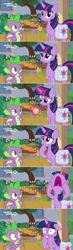 Size: 1354x4626 | Tagged: alicorn, bag, comic, derpibooru import, dragon, edit, edited screencap, floppy ears, frustrated, impatient, levitation, magic, magic aura, pocket watch, saddle bag, safe, screencap, screencap comic, spike, surprised, telekinesis, the point of no return, twilight sparkle, twilight sparkle (alicorn), winged spike