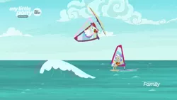 Size: 1366x768 | Tagged: safe, derpibooru import, screencap, pony, the point of no return, discovery family logo, elderly, ocean, sailing, stunt, surfing, wave