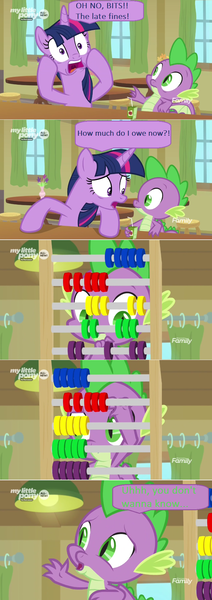 Size: 714x2025 | Tagged: abacus, alicorn, ceiling light, comic, curtain, derpibooru import, dialogue, discovery family logo, dragon, duo, edit, edited screencap, juice, juice box, panic, safe, screencap, screencap comic, speech bubble, spike, the point of no return, twilight sparkle, twilight sparkle (alicorn), winged spike