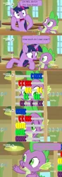 Size: 714x2025 | Tagged: abacus, alicorn, ceiling light, comic, curtain, derpibooru import, dialogue, discovery family logo, dragon, duo, edit, edited screencap, juice, juice box, panic, safe, screencap, screencap comic, speech bubble, spike, the point of no return, twilight sparkle, twilight sparkle (alicorn), winged spike