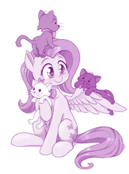 Size: 945x1280 | Tagged: safe, artist:dstears, derpibooru import, fluttershy, cat, pegasus, pony, berlioz, cute, disney, female, kitten, mare, marie, monochrome, shyabetes, solo, the aristocats, toulouse