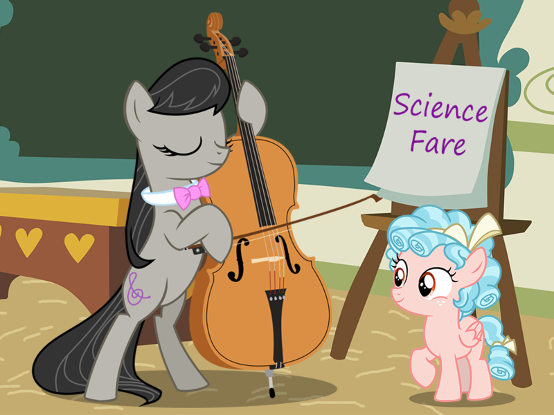 Size: 933x700 | Tagged: safe, artist:birdco, artist:hendro107, artist:soriokink, derpibooru import, edit, cozy glow, octavia melody, pegasus, pony, cello, cover art, eyes closed, female, filly, freckles, musical instrument, pun, school