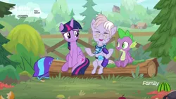 Size: 1366x768 | Tagged: alicorn, bandana, derpibooru import, discovery family logo, dragon, dusty pages, elderly, fanny pack, grass, log, outdoors, safe, screencap, sitting, spike, the point of no return, tree, twilight sparkle, twilight sparkle (alicorn), who cares, winged spike