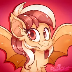 Size: 2090x2117 | Tagged: safe, artist:yojohcookie, derpibooru import, oc, oc:delicatezza, bat pony, pony, bat pony oc, bat wings, commission, cute, female, icon, mare, red background, red eyes, simple background, spread wings, wings