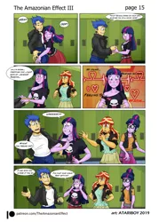 Size: 1697x2367 | Tagged: safe, artist:atariboy2600, artist:bluecarnationstudios, derpibooru import, flash sentry, sci-twi, sunset shimmer, twilight sparkle, comic:the amazonian effect, comic:the amazonian effect iii, equestria girls, comic, female, flashlight, male, shipping, straight