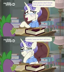 Size: 1366x1520 | Tagged: book, comic, derpibooru import, dialogue, discovery family logo, dragon, edit, edited screencap, first folio, glasses, lamp, messy, one eye closed, safe, screencap, screencap comic, solo focus, spike, stain, the point of no return, winged spike, wink