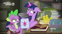 Size: 1366x766 | Tagged: alicorn, bag, bits, book, derpibooru import, messy, money, nervous, saddle bag, safe, screencap, sitting, spike, stain, stool, the point of no return, twilight sparkle, twilight sparkle (alicorn)