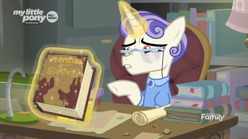 Size: 1366x768 | Tagged: safe, derpibooru import, screencap, first folio, pony, the point of no return, book, chair, desk, disgusted, glasses, levitation, magic, magic aura, messy, scroll, sitting, stain, telekinesis, written equestrian