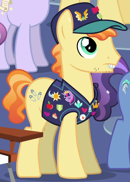 Size: 562x784 | Tagged: safe, derpibooru import, screencap, fair trade, earth pony, pony, the crystalling, bucktooth, clothes, cropped, male, pin, pins, solo focus, stallion, vest