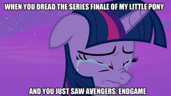 Size: 1280x720 | Tagged: safe, derpibooru import, edit, edited screencap, screencap, twilight sparkle, twilight sparkle (alicorn), alicorn, pony, once upon a zeppelin, season 7, avengers, avengers: endgame, crying, end of ponies, in-universe pegasister, series finale blues, solo