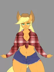 Size: 1200x1600 | Tagged: safe, artist:lurking tyger, derpibooru import, applejack, anthro, earth pony, abs, belly button, both cutie marks, breasts, busty applejack, cleavage, clothes, female, front knot midriff, gray background, looking at you, midriff, muscles, muscular female, plaid shirt, shirt, shorts, simple background, solo, unmoving plaid