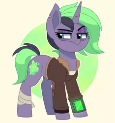 Size: 2521x2695 | Tagged: safe, artist:thegamblehorse, deleted from derpibooru, derpibooru import, oc, oc:plasma burst, unofficial characters only, pony, unicorn, fallout equestria, bandage, clothes, fallout, female, jacket, mare, pipboy, solo