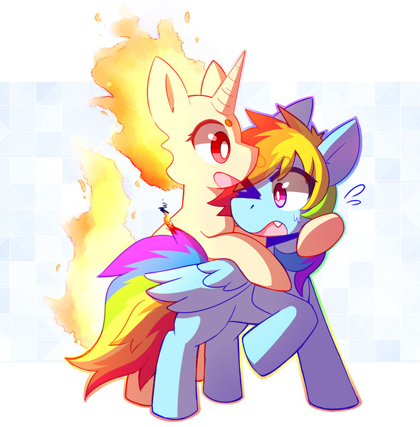 Size: 1280x1302 | Tagged: safe, artist:lupeylycan, derpibooru import, rainbow dash, twilight sparkle, pegasus, pony, rapidash, unicorn, burning, duo, female, lesbian, pokémon, rapidash twilight, shipping, sweat, tail on fire, twidash, unicorn twilight, wide eyes