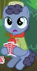 Size: 408x777 | Tagged: safe, derpibooru import, screencap, shady blues, earth pony, pony, the mane attraction, colt, cropped, hat, hoof hold, male, neckerchief, playing card, sitting, solo