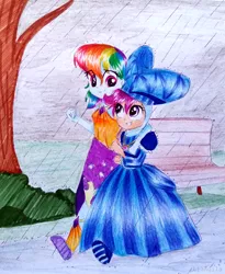 Size: 1292x1576 | Tagged: safe, artist:liaaqila, derpibooru import, rainbow dash, scootaloo, human, equestria girls, for whom the sweetie belle toils, make new friends but keep discord, boots, clothes, commission, costume, cute, cutealoo, dashabetes, dress, duo, gala dress, jewelry, necklace, rain, running, scootalove, shoes, smiling, traditional art