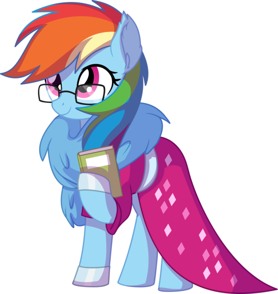 Size: 6585x6958 | Tagged: safe, artist:cyanlightning, derpibooru import, rainbow dash, pegasus, pony, .svg available, absurd resolution, book, clothes, cute, dashabetes, dork, dress, ear fluff, egghead dash, feather, feather boa, female, glasses, mare, meganekko, nerd, rainbow dash always dresses in style, rainbow dork, simple background, smiling, solo, transparent background, vector