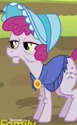 Size: 366x589 | Tagged: safe, derpibooru import, screencap, unnamed character, unnamed pony, earth pony, pony, brotherhooves social, background pony, bonnet, cropped, discovery family logo, elderly, female, lidded eyes, mare, shawl, solo