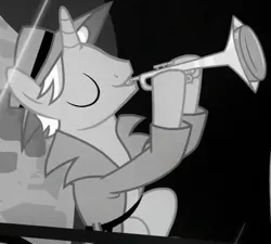 Size: 415x373 | Tagged: safe, derpibooru import, screencap, unnamed character, unnamed pony, pony, unicorn, rarity investigates, background pony, clothes, cornet, cropped, dexterous hooves, eyes closed, grayscale, hoof hold, male, monochrome, musical instrument, noir, playing instrument, solo, solo focus, stallion, trenchcoat