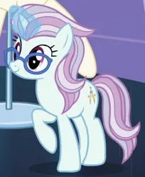 Size: 424x520 | Tagged: safe, derpibooru import, screencap, north point, pony, unicorn, canterlot boutique, background pony, cropped, female, glasses, glowing horn, horn, magic, magic aura, mare, raised hoof, solo