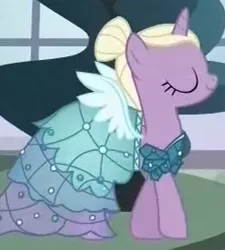 Size: 247x275 | Tagged: safe, derpibooru import, screencap, unnamed character, unnamed pony, pony, unicorn, canterlot boutique, background pony, clothes, cropped, dress, eyes closed, female, hair bun, mare, princess dress, solo