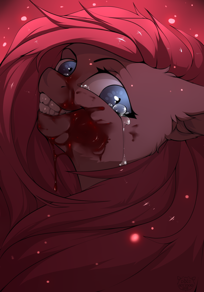 Size: 1400x2000 | Tagged: grimdark, artist:dogihotdogi, derpibooru import, pinkie pie, earth pony, pony, blood, bust, crying, female, floppy ears, gritted teeth, looking at you, mare, pinkamena diane pie, portrait, smiling, solo