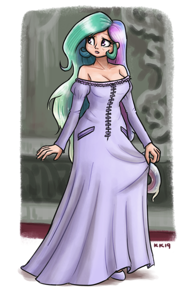 Size: 1045x1600 | Tagged: 4chan, amalthea, artist:king-kakapo, beautiful, breasts, cleavage, clothes, colored, cosplay, costume, derpibooru import, drawthread, dress, female, full body, human, humanized, lady amalthea, large voluminous hair, mashup, /mlp/, nervous, princess celestia, safe, solo, the last unicorn