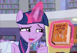 Size: 1415x980 | Tagged: safe, derpibooru import, screencap, twilight sparkle, twilight sparkle (alicorn), alicorn, pony, the point of no return, adorkable, bag, book, cropped, cute, dork, female, glowing horn, horn, levitation, library, lidded eyes, loving gaze, magic, mare, open mouth, raised eyebrow, raised hoof, saddle bag, solo, telekinesis, written equestrian