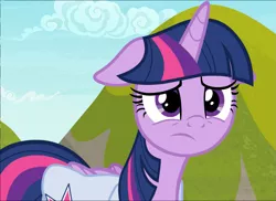 Size: 1351x981 | Tagged: safe, derpibooru import, screencap, twilight sparkle, twilight sparkle (alicorn), alicorn, pony, the point of no return, bag, cropped, floppy ears, sad face, saddle bag, solo