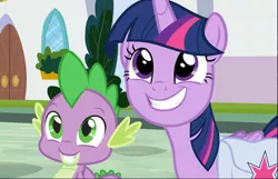 Size: 1527x981 | Tagged: safe, derpibooru import, screencap, spike, twilight sparkle, twilight sparkle (alicorn), alicorn, dragon, the point of no return, bag, cropped, cute, duo, saddle bag, smiling, spikabetes, twiabetes, winged spike