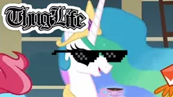 Size: 1280x720 | Tagged: a bird in the hoof, alicorn, amulet, caption, carrot cake, crown, cup, cup cake, derpibooru import, edit, edited screencap, flowing mane, food, hilarious in hindsight, image macro, jewelry, link in source, princess celestia, regalia, safe, screencap, solo focus, sparkles, sunglasses, tea, teacup, text, thug life, thumbnail