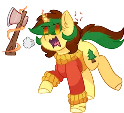 Size: 514x468 | Tagged: safe, artist:drawtheuniverse, derpibooru import, oc, oc:anastasia pines, pony, unicorn, angry, axe, chibi, clothes, cross-popping veins, cute, dock, female, full body, hooves, magic, mare, multicolored hair, open mouth, orange eyes, puff, running, scar, shading, simple background, solo, sweater, transparent background, weapon, yellow coat