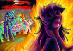 Size: 1240x874 | Tagged: grimdark, artist:porcelanowyokular, derpibooru import, princess luna, spike, twilight sparkle, dragon, pony, abuse, burned, burning at the stake, crying, execution, female, fire, holding back, imminent death, male, mare, open mouth, pain, twilybuse