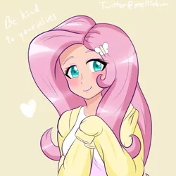 Size: 1600x1600 | Tagged: safe, artist:melliedraws, derpibooru import, fluttershy, butterfly, human, equestria girls, blushing, bust, clothes, cute, female, hairclip, heart, human coloration, shirt, shyabetes, smiling, solo, sweater, sweater vest, sweatershy