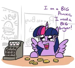 Size: 791x726 | Tagged: safe, artist:jargon scott, derpibooru import, twilight sparkle, twilight sparkle (alicorn), alicorn, pony, 30 minute art challenge, bits, cash register, cute, dialogue, female, happy, implied fat, mare, open mouth, smiling, solo, spongebob squarepants, spread wings, starry eyes, that pony sure does love burgers, this will end in weight gain, twiabetes, twilight burgkle, wide eyes, wingding eyes, wings