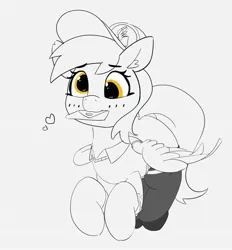 Size: 1716x1852 | Tagged: safe, alternate version, artist:pabbley, derpibooru import, derpy hooves, pegasus, pony, blushing, clothes, cute, derpabetes, ear fluff, female, hat, heart, letter, mailmare, mare, monochrome, mouth hold, neo noir, partial color, smiling, socks, solo